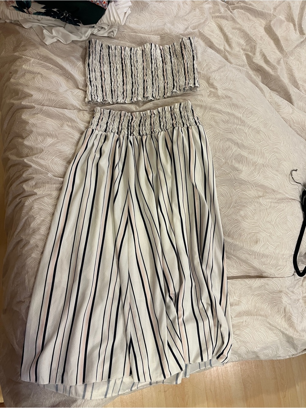 Striped White and Navy Smocked Skirt Set